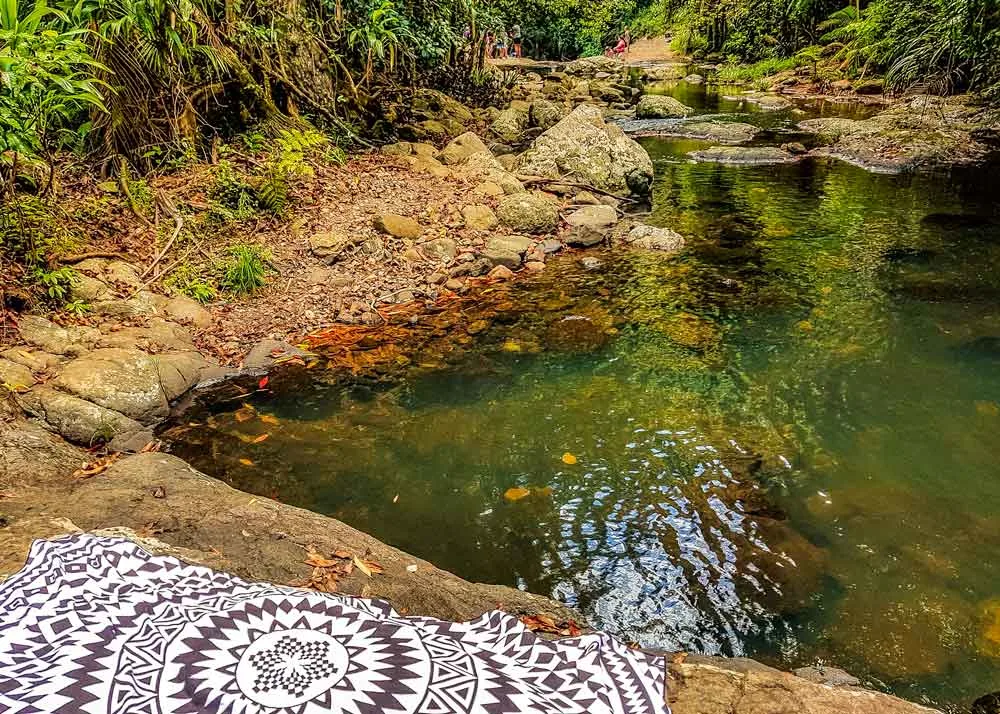 black and white towel on rock above Warringa Pool on Purling Brook Track